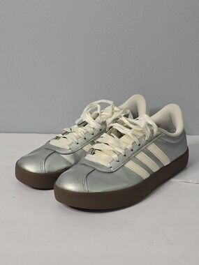 Adidas Silver VL Court Low-Top Sneakers with Cream Stripes